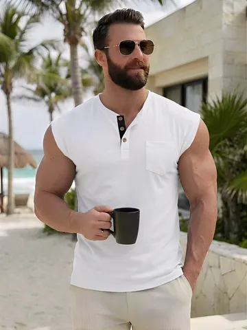 Men Summer Henley Sleeveless T-Shirt Casual Slim Fit Pocket Tank Top Button Round Neck Muscle Tee Polyester Rayon Knit Top