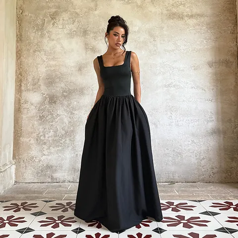 Vestido Maxi Para Mujer Cuello Cuadrado Sin Mangas Espalda Descubierta Punto Corte En A Color Sólido