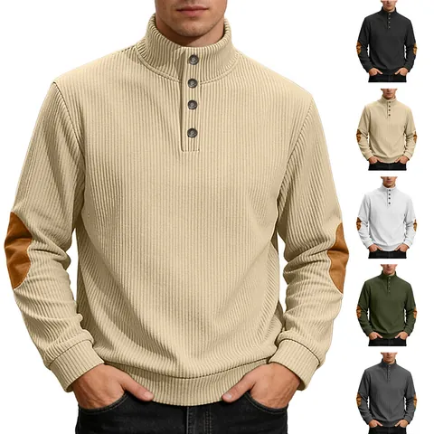 Haut Polo En Maille Homme Manches Longues Jacquard Polyester Pull Côtelé Col Montant Boutonné Patch Coude Coupe Ajustée