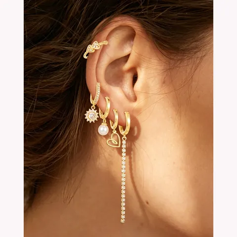 Copper Zircon Faux Artificial Pearl Earrings And Ear Cuff Asymmetric Heart Bow Tassel Collection For Women Elegant Fashion Jewelry
