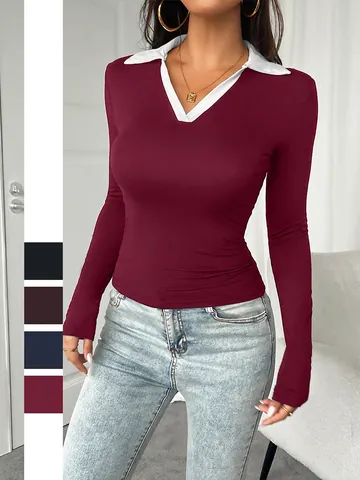 Dames Polo Shirt Lange Mouwen Contrast Kraag V Hals Slim Fit Elastische Viscose Top Casual Mode