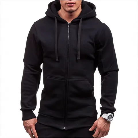 Men's Casual Cotton Blend Full Zip Up Hoodie Sweatshirt Basic Solid Color Long Sleeve Top With Kangaroo Pocket Drawstring