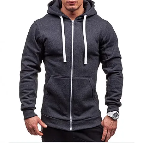 Men's Casual Cotton Blend Full Zip Up Hoodie Sweatshirt Basic Solid Color Long Sleeve Top With Kangaroo Pocket Drawstring