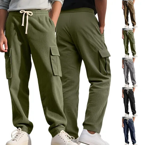 Pantalón Cargo De Pana Para Hombre Vintage Holgado Recto Con Múltiples Bolsillos Informal Cintura Con Cordón