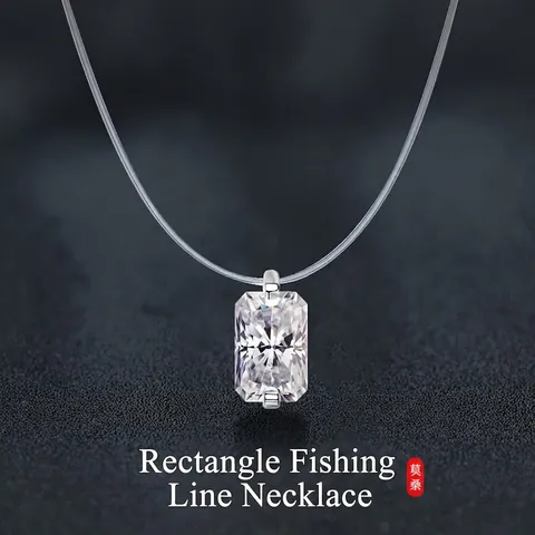 925 Sterling Silver Emerald Cut Moissanite Pendant Necklace For Women Invisible Transparent Fishing Line Clavicle Chain Jewelry