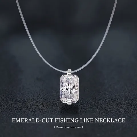 925 Sterling Silver Emerald Cut Moissanite Pendant Necklace For Women Invisible Transparent Fishing Line Clavicle Chain Jewelry