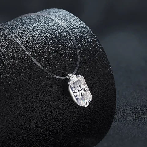 925 Sterling Silver Emerald Cut Moissanite Pendant Necklace For Women Invisible Transparent Fishing Line Clavicle Chain Jewelry