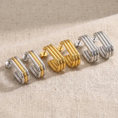 Pendientes De Aro Geométricos En Forma De U Acero Inoxidable Chapado En Oro De 18K Acanalado De Varias Capas Para Mujer