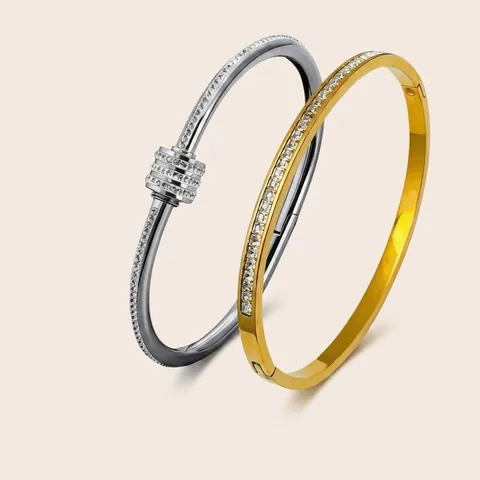 Stainless Steel Rhinestone Bangle For Women Cylinder Waist Design Inlaid Row Rhinestones Electroplated Fashion Jewelry Bangle