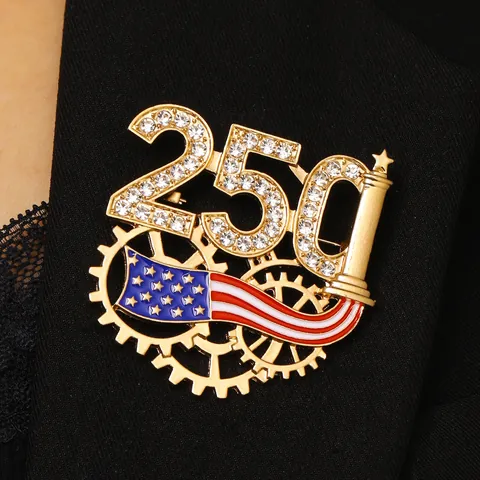Luxury Alloy Rhinestone USA 250th Anniversary Commemorative Brooch Gold American Flag Gear Lapel Pin For Unisex Jewelry Gifts