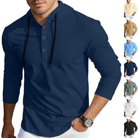 Men Hooded Henley Shirt Long Sleeve Polyester Spandex Solid Color Casual Lightweight Breathable Tops With Drawstring