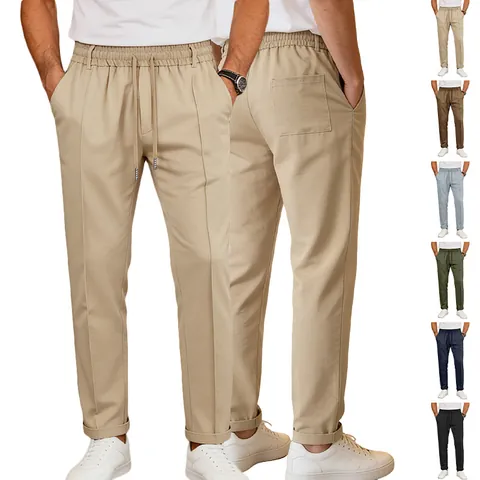 Pantalones Poliéster Casuales Hombre Cintura Elástica Con Cordón Pierna Recta Color Sólido Transpirable Vacaciones Playa