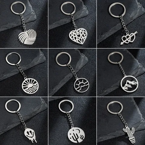 Llavero De Acero Inoxidable Geométrico Corazón Montaña Sol Ola Cactus Fantasma Cara Derretida Colgante De Metal Minimalista