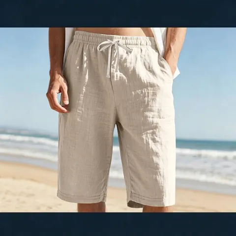 Men Linen Casual Shorts Breathable Summer Beach Straight Leg Drawstring Elastic Waist Solid Color