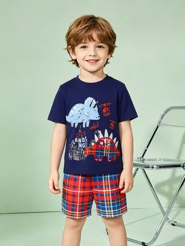 Tenue d'Été en Coton pour Garçons T-shirt et Short Écossais Européen Américain Dinosaure Imprimé Manches Courtes Vêtements Décontractés