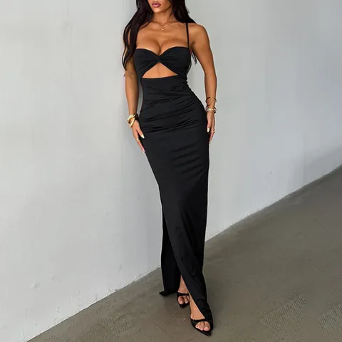 Women Black Maxi Dress Spaghetti Strap Cut Out Ruched Side Slit Bodycon Long Party Dress Polyester Spandex