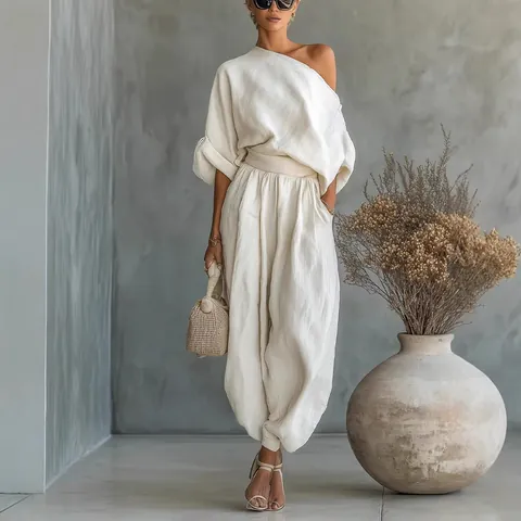 Women Minimalist Linen Cotton Matching Top And Pants One Shoulder Long Sleeve High Waist Wide Leg Outfits Vacation Clothing