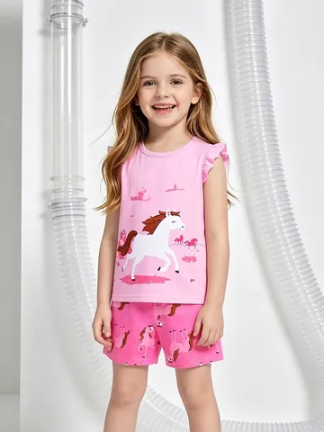 Completo Estivo da Bambina in Cotone T-Shirt Senza Maniche con Volant e Pantaloncini con Stampa Pony Fattoria