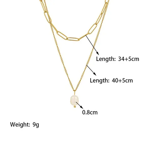 Double Layer Necklace With Freshwater Pearl Pendant Stainless Steel Gold Paperclip Chain Elegant Layered Retro Accessory