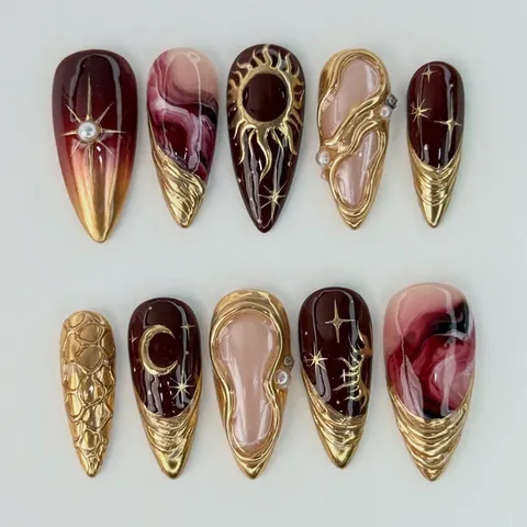 Uñas Postizas Almendradas Press On Estrella Luna Celestial Relieve 3D Francesa Leopardo Textura Mármol Elegantes Decoración Perlas Artificiales