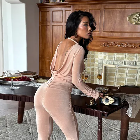 Langarm Jumpsuit Für Damen Rückenfrei Ruched Butt Slim Fit Schlaghose Sexy Elegant Polyester Spandex Overall