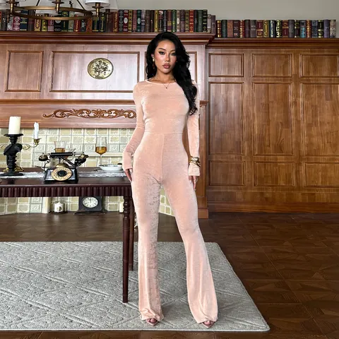 Langarm Jumpsuit Für Damen Rückenfrei Ruched Butt Slim Fit Schlaghose Sexy Elegant Polyester Spandex Overall