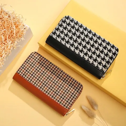 Damen Lange Reißverschluss Geldbörse Hahnentrittmuster Leinwand PU Leder Clutch Vintage Große Kapazität Kartenhalter Tasche