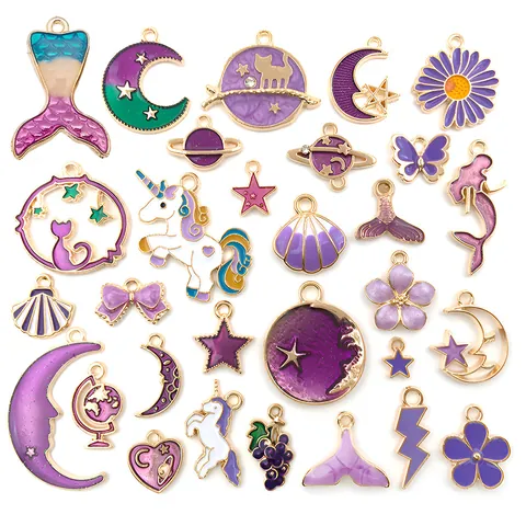 Purple Enamel Alloy Charms Assorted Cartoon Moon Star Unicorn Mermaid Pendants DIY Jewelry Making Accessories
