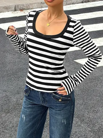 Women Striped Long Sleeve Knitted T-Shirt U-Neck Slim Fit Polyester Elastane Casual Chic Fall Winter Base Top