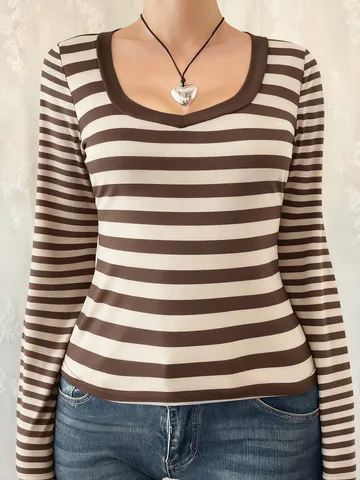 Women Striped Long Sleeve Knitted T-Shirt U-Neck Slim Fit Polyester Elastane Casual Chic Fall Winter Base Top