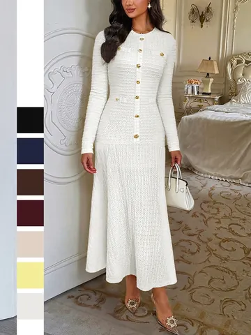 Maxi Dress Long Sleeve Knit Fabric Gold Button Decorative Elegant Slim Fit Round Neck Autumn Winter