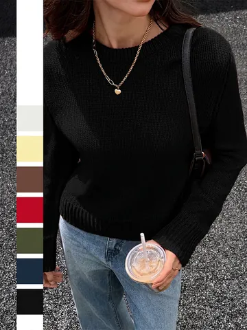 Women Round Neck Sweater Acrylic Knit Long Sleeve Casual Loose Fit Pullover Ribbed Cuffs Solid Color Top