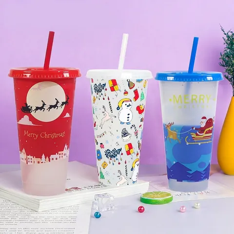 Color Changing Plastic Straw Cup With Lid Cold Sensitive Reusable Holiday Tumbler Christmas Halloween Party Drinkware