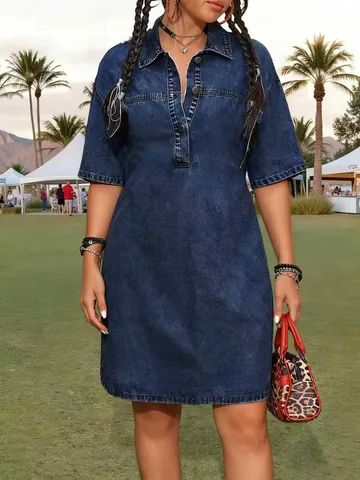 Women's Casual Loose Denim Dress Short Sleeve Lapel Button Up Mid Length Solid Color Washed Jeans Skirt For Daily Vacation