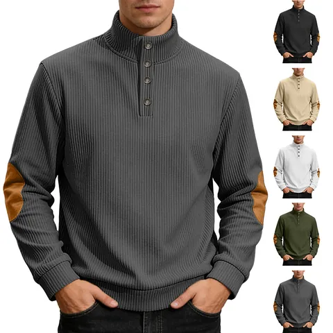Ribbed Knit Pullover Sweatshirt For Men Stand Collar Button Detail Contrast Elbow Patches Casual Urban Fashion Tops