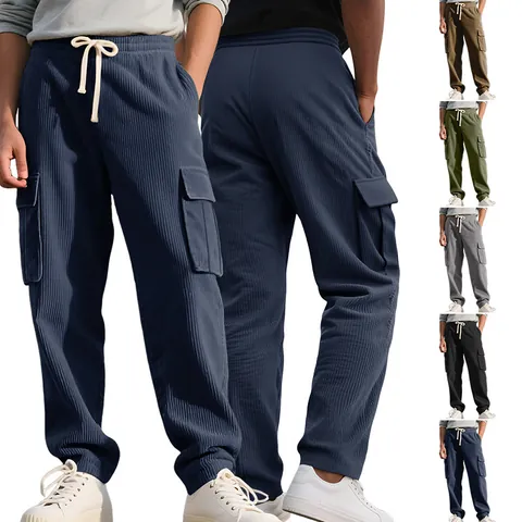 Ανδρικό Παντελόνι Cargo Κοτλέ Vintage Casual Χαλαρή Γραμμή Φαρδύ Μπατζάκι Ίσιο Πολλές Τσέπες Ελαστική Μέση Κορδόνι