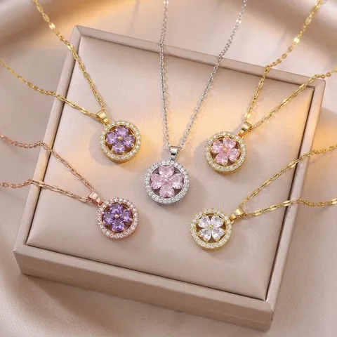 Women Stainless Steel Necklace With Rotatable Heart Clover Zircon Pendant Micro Inlaid Fashion Jewelry Gift
