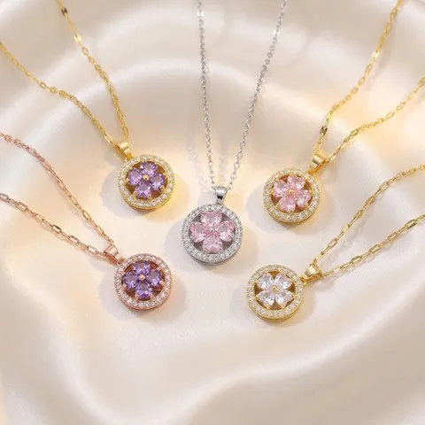 Women Stainless Steel Necklace With Rotatable Heart Clover Zircon Pendant Micro Inlaid Fashion Jewelry Gift