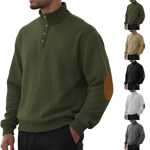 Men Henley Sweatshirt Jacquard Waffle Texture Stand Collar Button Long Sleeve Elbow Patch Casual Slim Fit Pullover