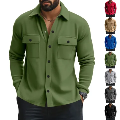 Men Shacket Jacket Brushed Fabric Lapel Single Breasted Solid Color Casual Outerwear Shirt With Chest Pockets