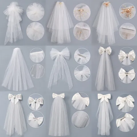 French Sweet Satin Bow Bridal Veil Ribbon Tulle Headpiece With Rhinestone Artificial Pearl Wedding Party Brides Jewelry
