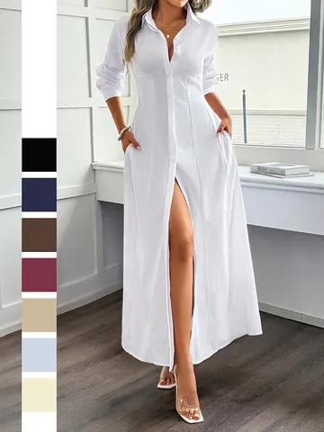 Robe Maxi Chemise Femmes Manches Longues Polyester Couleur Unie Boutonnée Fendue Style Décontracté Vacances