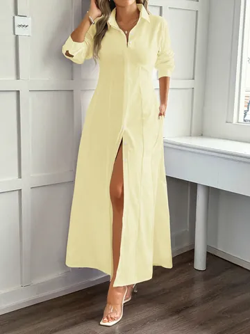 Robe Maxi Chemise Femmes Manches Longues Polyester Couleur Unie Boutonnée Fendue Style Décontracté Vacances