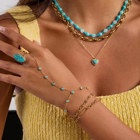 925 Sterling Silver Hand Chain With Artificial Turquoise Gold Plated Slave Bracelet Finger Ring Link Bracelet For Women Bohemian Jewelry
