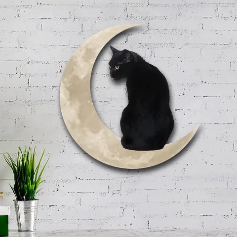 Black Cat On Moon Metal Wall Art Decor Animal Silhouette Celestial Hanging Decoration For Home Living Room Garden Yard