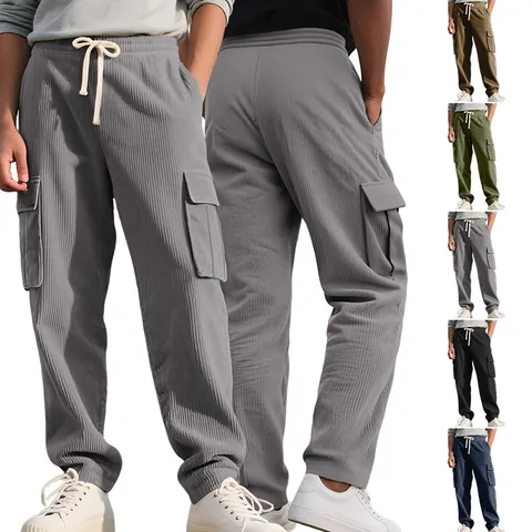 Pantaloni Cargo Uomo Velluto A Coste Vita Elastica Coulisse Tasche Casual Retro Gamba Dritta
