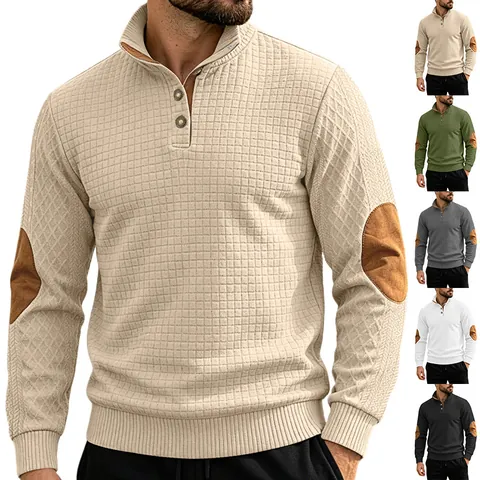 Heren Sweatshirt Wafelbreisel Jacquard Vierkante Textuur Reverskraag Knoop Lange Mouwen Casual Outdoor Met Elleboogstukken