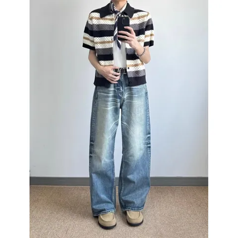 Men Vintage Light Blue Washed Baggy Jeans Retro Streetwear Straight Leg Denim Pants Casual Loose Fit Fashion Trousers