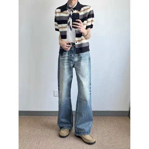 Men Vintage Light Blue Washed Baggy Jeans Retro Streetwear Straight Leg Denim Pants Casual Loose Fit Fashion Trousers
