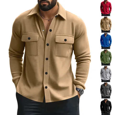 Men Casual Shacket Jacket Polyester Brushed Knitted Long Sleeve Button Down Lapel Shirt With Flap Chest Pockets